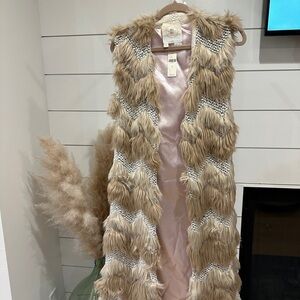 NWT Anthropologie Hei Hei Long Faux Fur Chevron Vest in Tan, Pink & Cream Size S